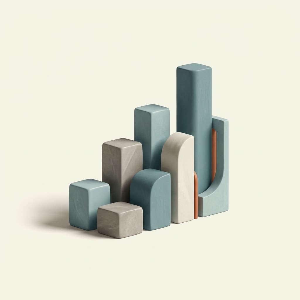 Abstract sculptural bar chart forms in muted blue-green