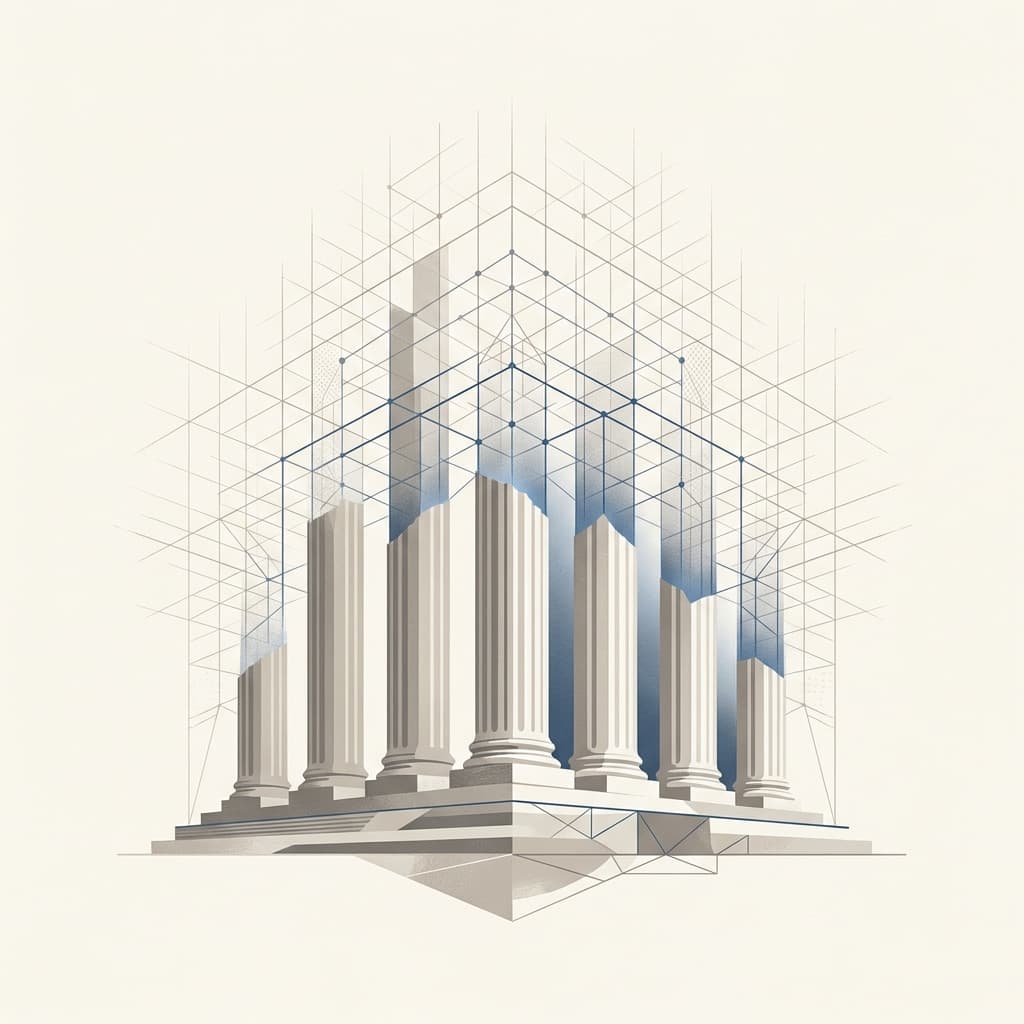 Abstract columned architecture fading into a digital grid